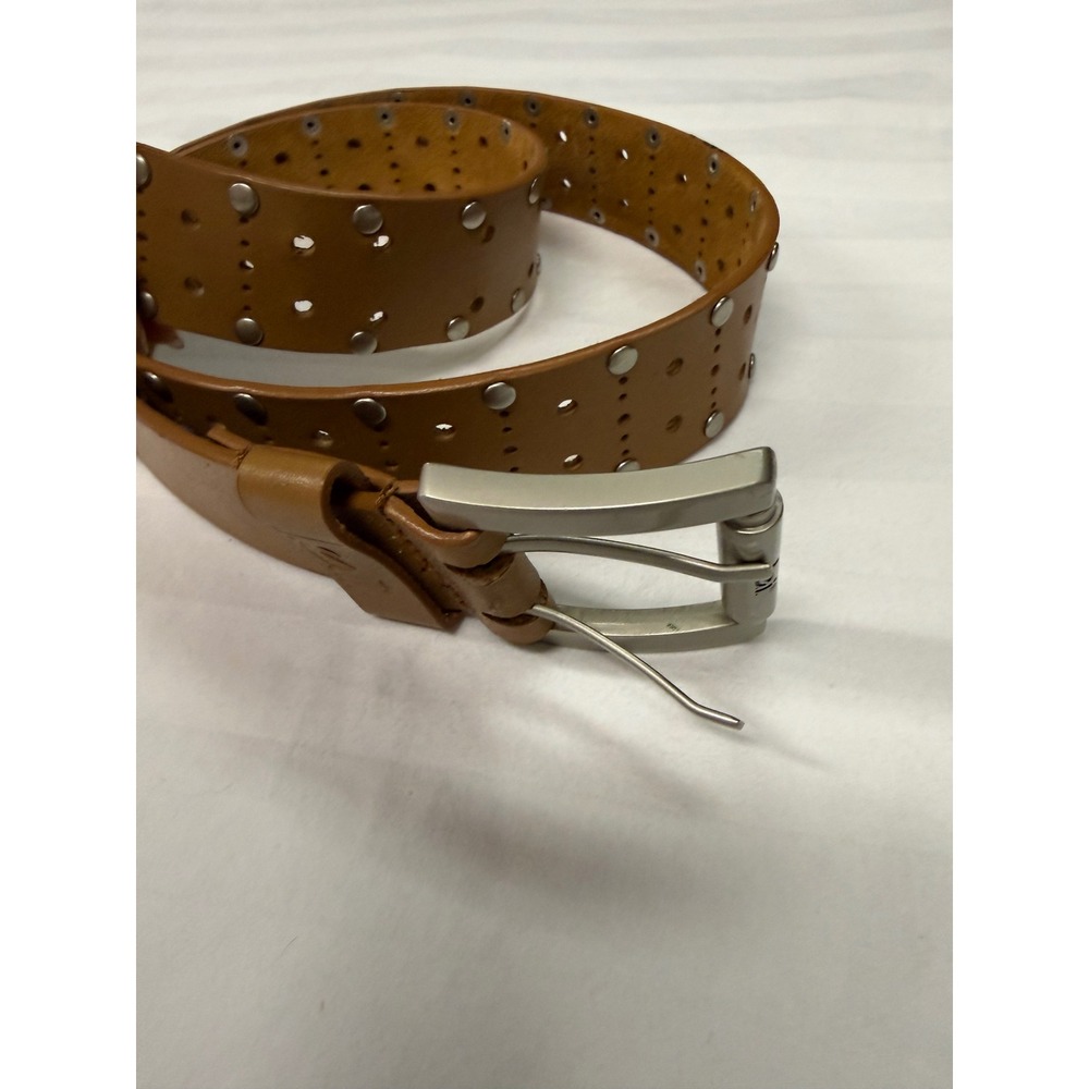 LEI Vintage Tan Leather Studded Belt Double Prong Buckle Perforated Y2K Large